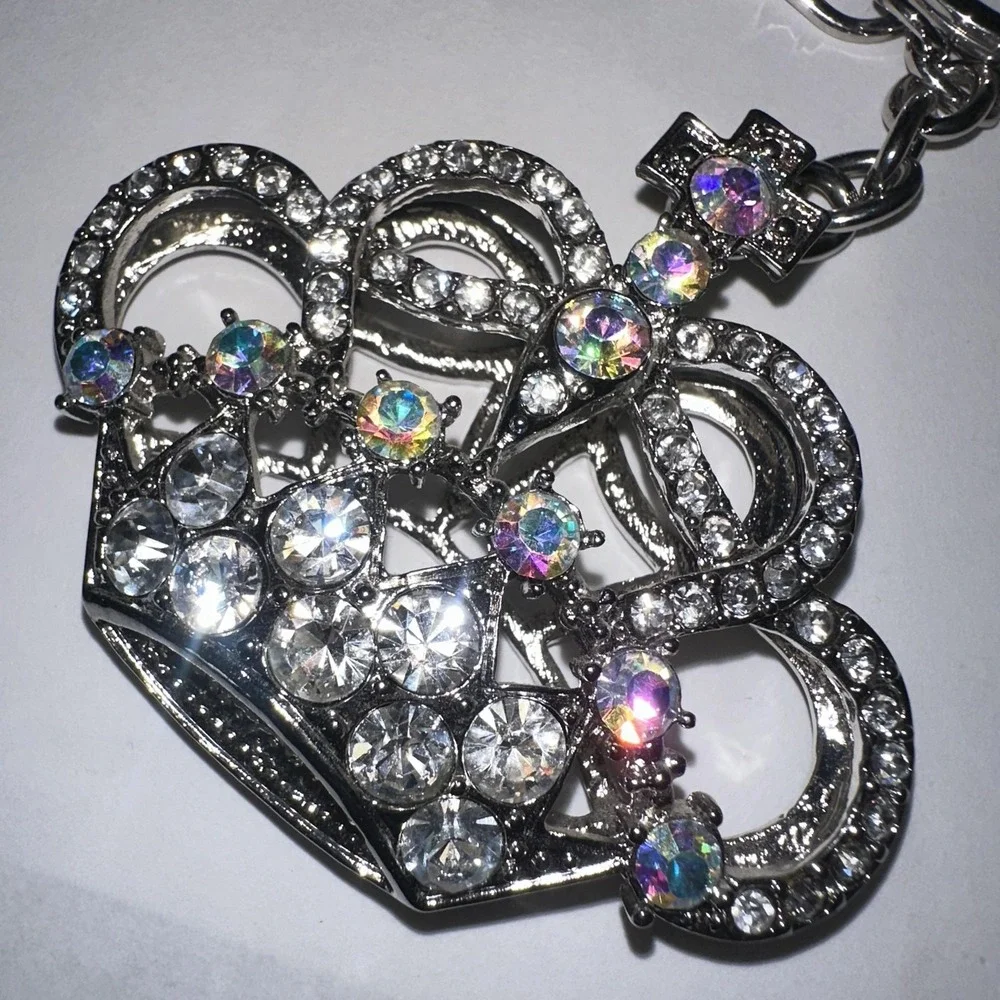 VTG Y2K‎ Silver Tone Crystal Crown Keychain Purse Bag Charm Clip Rhinestone Gem